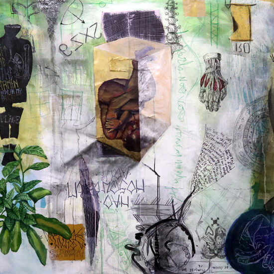 Corpo Encanto - Série Quem matou Basquiat? | 2022 | Acrílica, nanquim, marcadores, grafite, lápis de cor e colagem sobre algodão | 139 x 180 cm