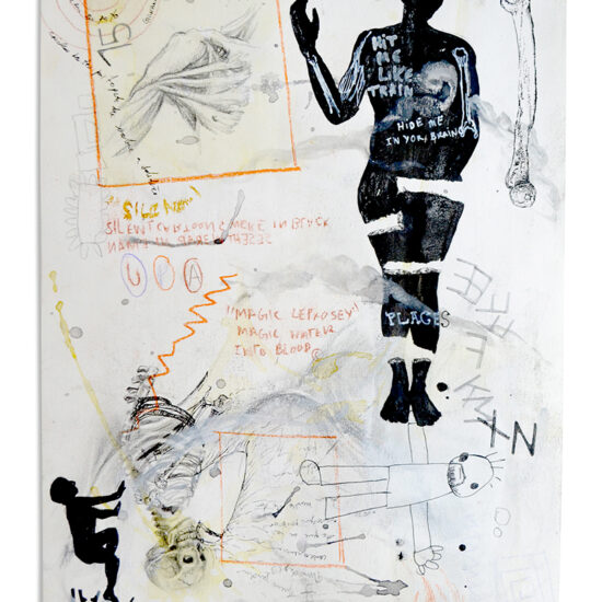 Lugares Escondidos - Série Quem matou Basquiat? | 2021 | Acrílica, pigmentos, marcadores, grafite, lápis de cor sobre papel | 42 x 29,7 cm