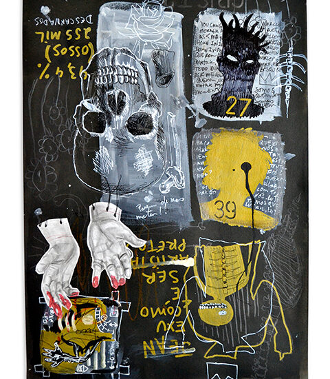 Quem mandou matar? - Série Quem matou Basquiat? | 2021 | Acrílica, pigmentos, marcadores, grafite, lápis de cor sobre papel | 42 x 29,7 cm