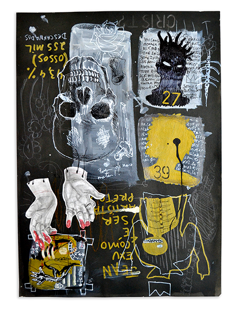 Quem mandou matar? - Série Quem matou Basquiat? | 2021 | Acrílica, pigmentos, marcadores, grafite, lápis de cor sobre papel | 42 x 29,7 cm