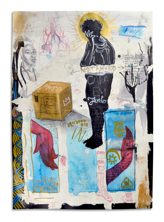 Caía em tarde - Série Quem matou Basquiat? | 2021 | Acrílica, pigmentos, marcadores, grafite, lápis de cor sobre papel | 42 x 29,7 cm