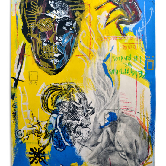 Desproporção Aurea - Série Quem matou Basquiat? | 2021 | Acrílica, pigmentos, marcadores, grafite, lápis de cor sobre papel | 42 x 29,7 cm