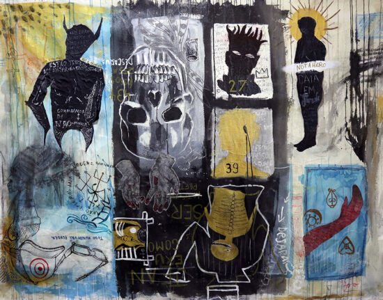Sussurros e gritos - Série Quem matou Basquiat? | 2022 | Acrílica, nanquim, marcadores, grafite, lápis de cor e colagem sobre algodão | 139 x 180 cm