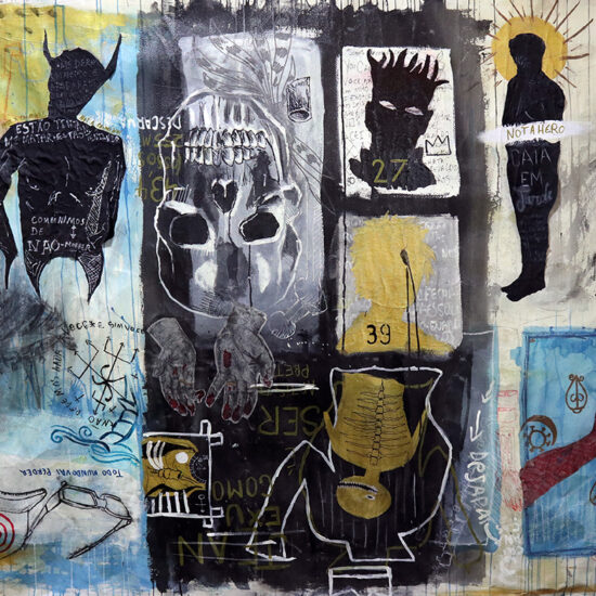 Sussurros e gritos - Série Quem matou Basquiat? | 2022 | Acrílica, nanquim, marcadores, grafite, lápis de cor e colagem sobre algodão | 139 x 180 cm